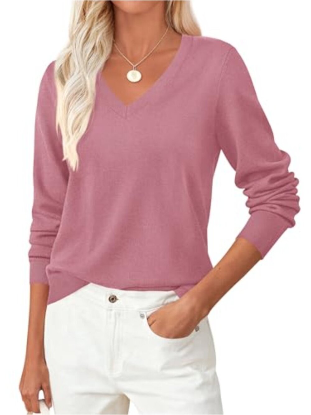 V-Neck Long Sleeve Knit Sweater Pullover Relaxed Fit Woman